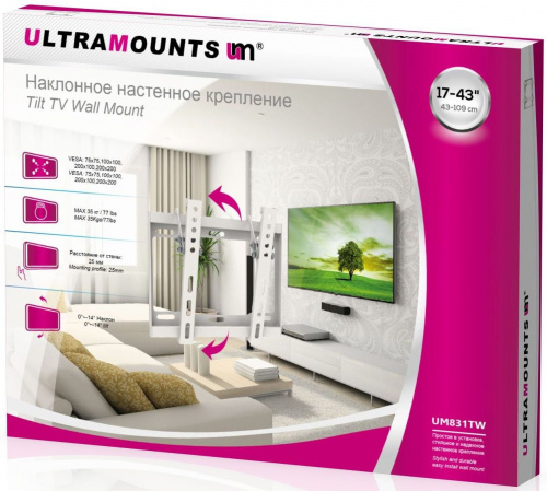 Кронштейн для телевизора Ultramounts UM831TW белый 17"-43" макс.35кг настенный наклон фото 3