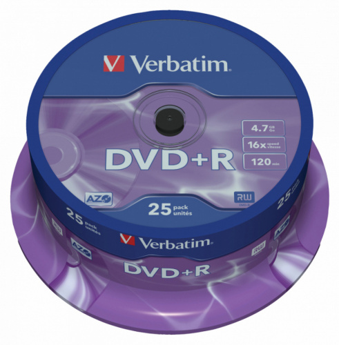 Диск DVD+R Verbatim 4.7Gb 16x Cake Box (25шт) (43500) фото 2