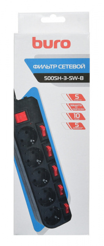 Сетевой фильтр Buro 500SH-3-SW-B 3м (5 розеток) черный (коробка) фото 4
