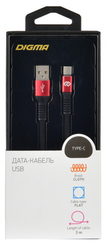 Кабель Digma USB A(m) USB Type-C (m) 3м черный/красный плоский фото 3