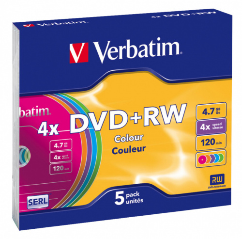 Диск DVD+RW Verbatim 4.7Gb 4x Slim case (5шт) Color (43297) фото 2