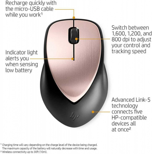 Мышь HP Envy Rechargeable 500 черный/розовое золото лазерная (1600dpi) беспроводная USB (3but) фото 7