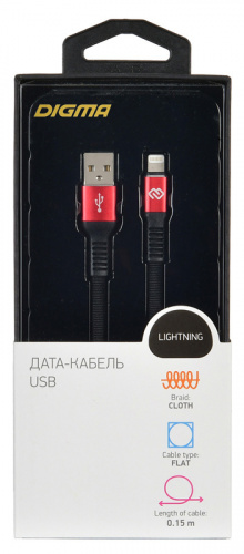 Кабель Digma USB A(m) Lightning (m) 0.15м черный/красный плоский фото 3