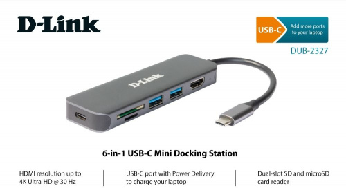 Разветвитель USB 3.0 D-Link DUB-2327 2порт. черный (DUB-2327/A1A) фото 2
