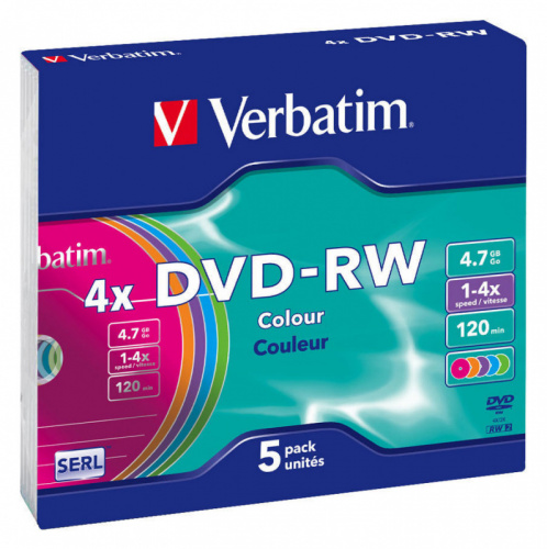 Диск DVD-RW Verbatim 4.7Gb 4x Slim case (5шт) Color (43563) фото 2