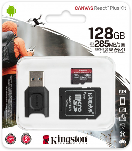 Флеш карта microSDXC 128Gb Class10 Kingston MLPMR2/128GB Canvas React Plus + adapter Card Reader фото 3