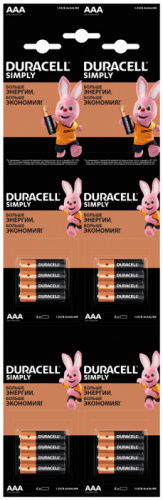 Батарея Duracell Simply LR03-4BL MN2400 AAA (промо:4x4) (16шт)