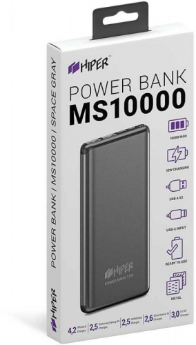 Мобильный аккумулятор Hiper MS10000 Space Gray Li-Pol 10000mAh 2.4A+2A графит 2xUSB фото 2